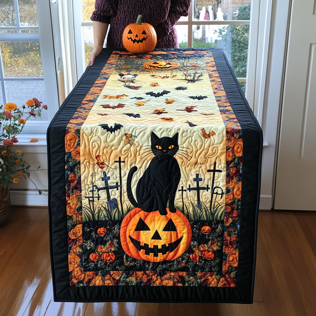 Black Cat Magic Halloween Quilted Table Runner Cool Table Runner Unique Halloween Gifts