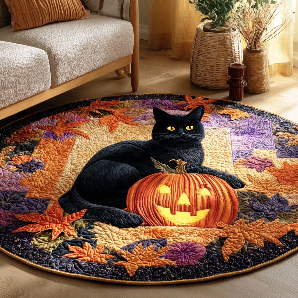 Black Cat Night Quilted Round Mat Circle Rugs Large Halloween Goodie Ideas