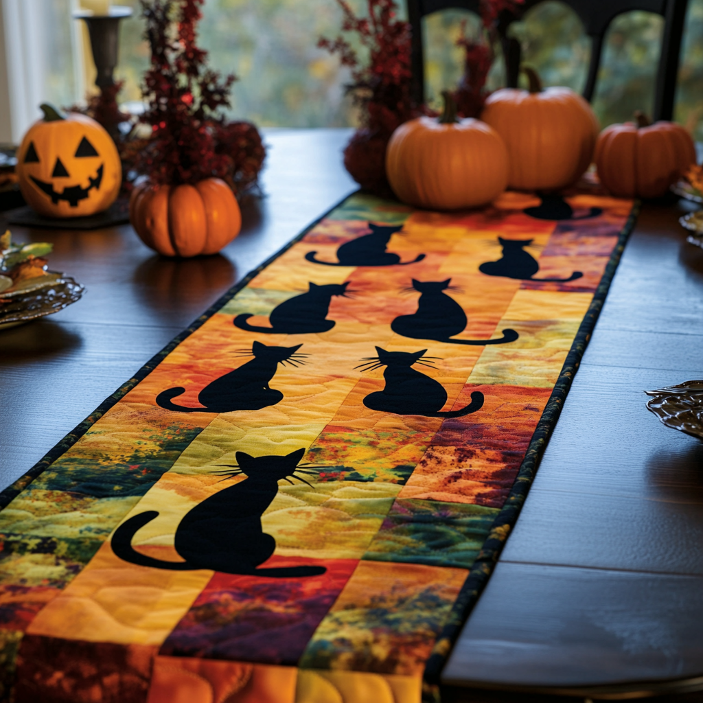 Black Cats Gathering Quilted Table Runner Spooky Centerpiece Gifts For Black Cat Lovers Black Cats Gathering Quilted Table Runner Spooky Centerpiece Gifts For Black Cat Lovers