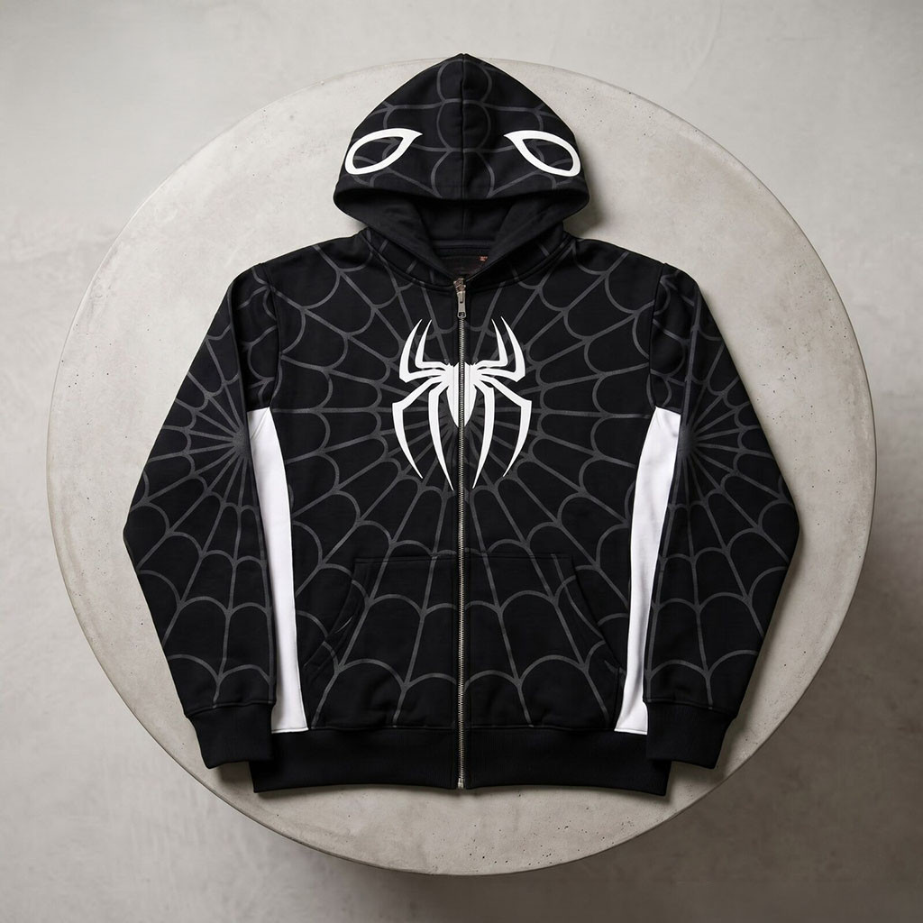 Black Spider Web Zip Hoodie Spider Man Superhero Merch Birthday Ideas For Husband