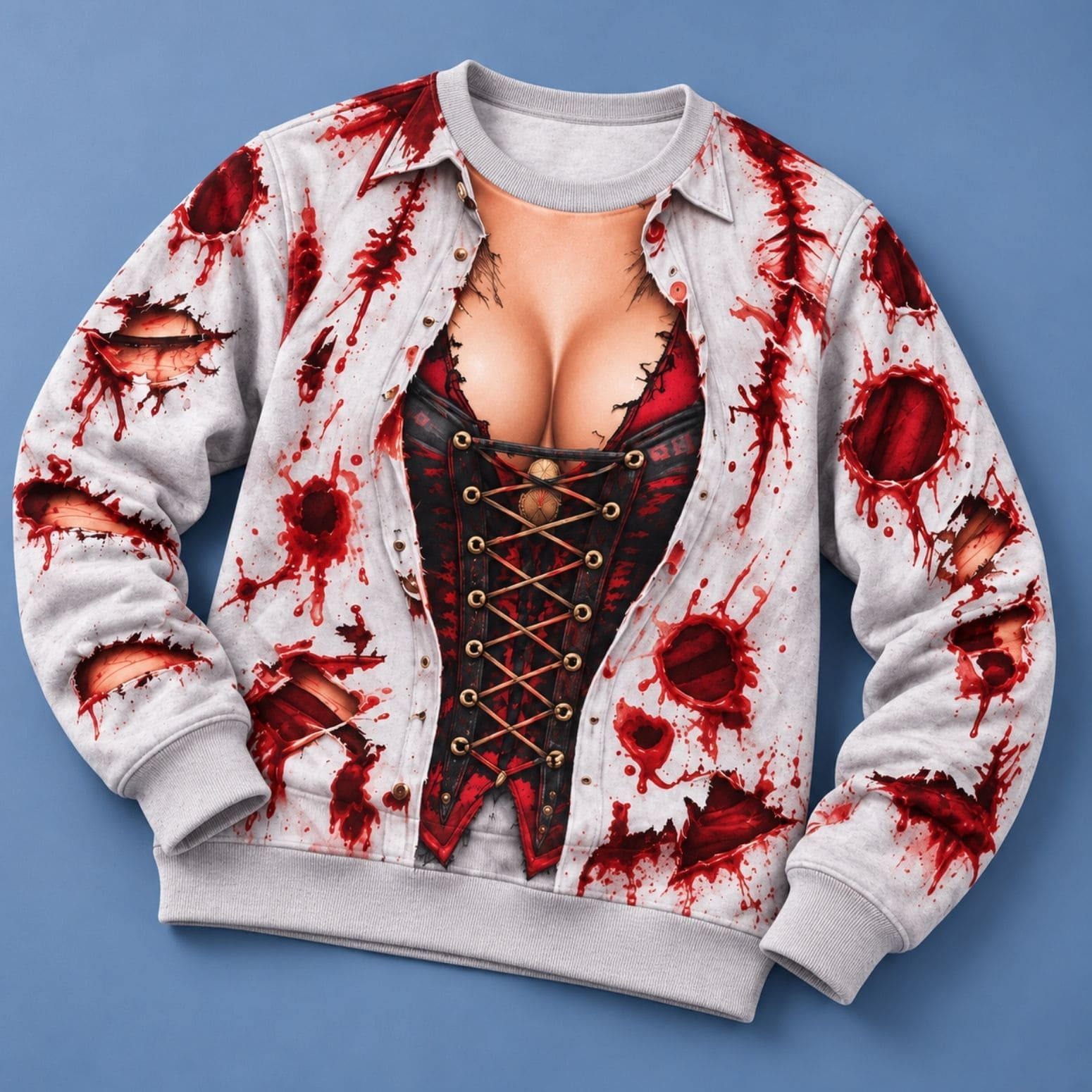 Bloody Corset Halloween Sweatshirt Fake Body Horror Crewneck Best Halloween Gifts