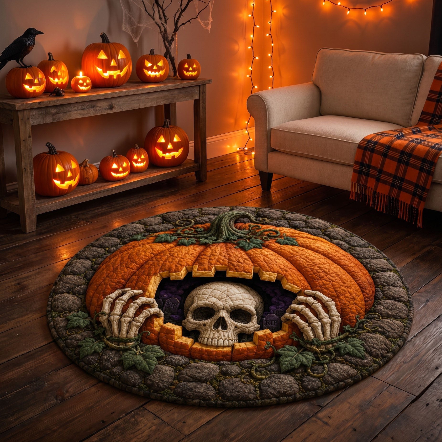 Bone Uprising Quilted Round Mat Halloween Decor Housewarming Gifts