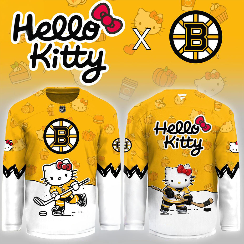 Boston Bruins 2026 Hello Kitty x Sanrio Theme Game Hockey Jersey Bruins Merch Gifts For Fan Boston Bruins 2026 Hello Kitty x Sanrio Theme Game Hockey Jersey Bruins Merch Gifts For Fan