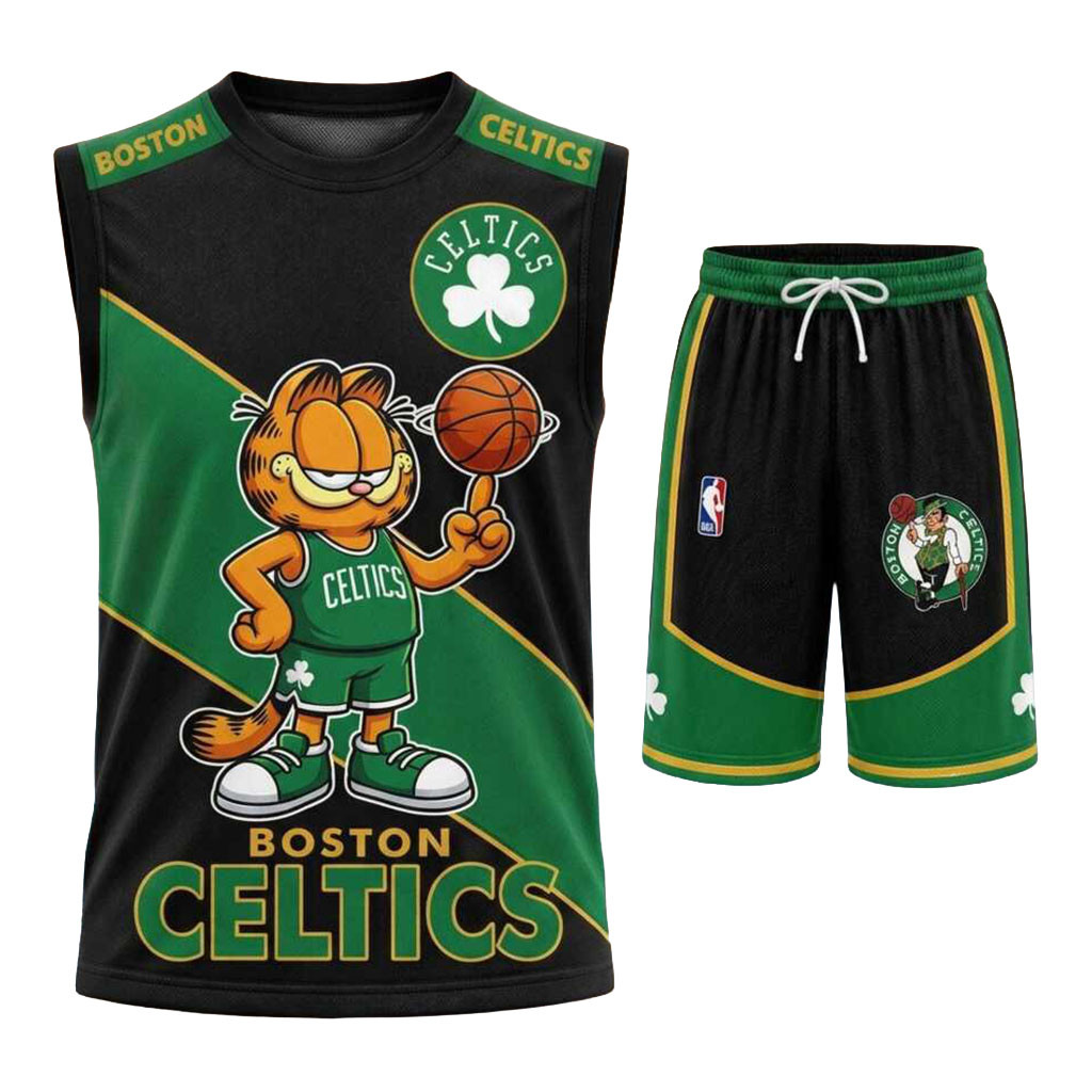 Boston Celtics Garfield Halloween Muscle Tank And Shorts Celtics Merch Best Gifts For Him