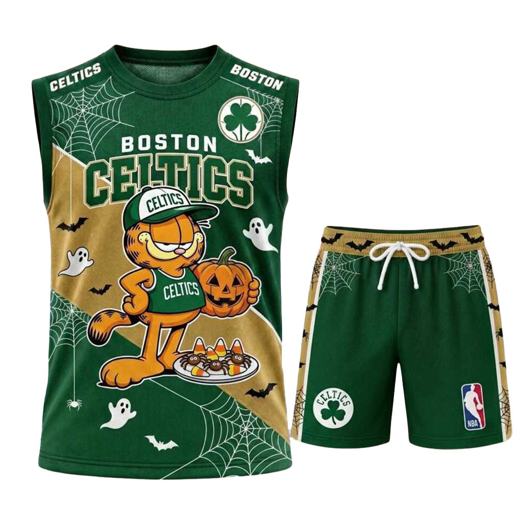 Boston Celtics Garfield Halloween Pumpkin Basketball Muscle Tank And Shorts Celtics Merch