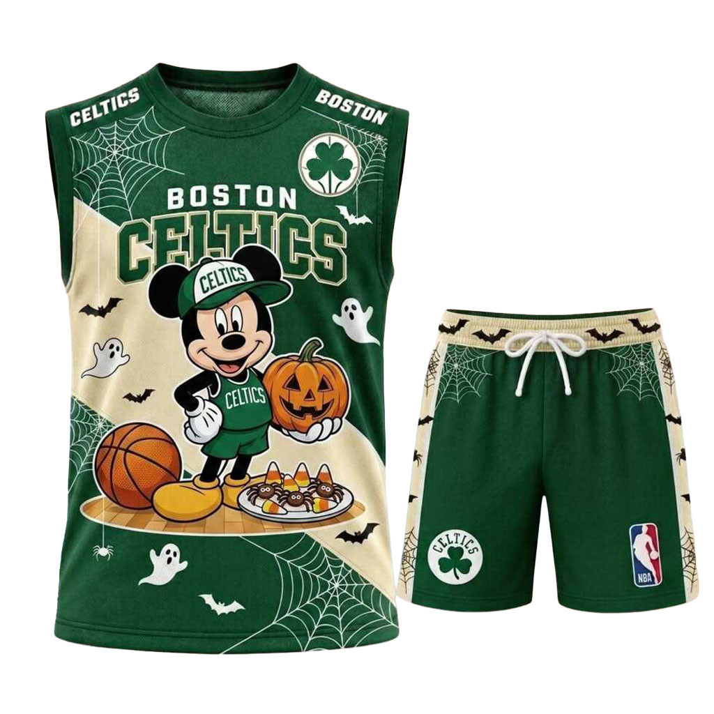 Boston Celtics Mickey Mouse Halloween Pumpkin Basketball Muscle Tank And Shorts Celtics Merch