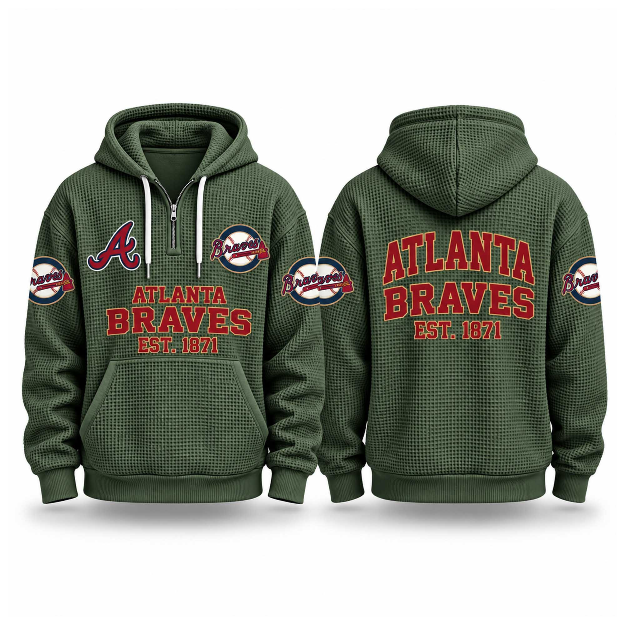 Braves EST 1871 Quarter Zip Waffle Hoodie Atlanta Braves Merch Gifts For Baseball Lovers Braves EST 1871 Quarter Zip Waffle Hoodie Atlanta Braves Merch Gifts For Baseball Lovers