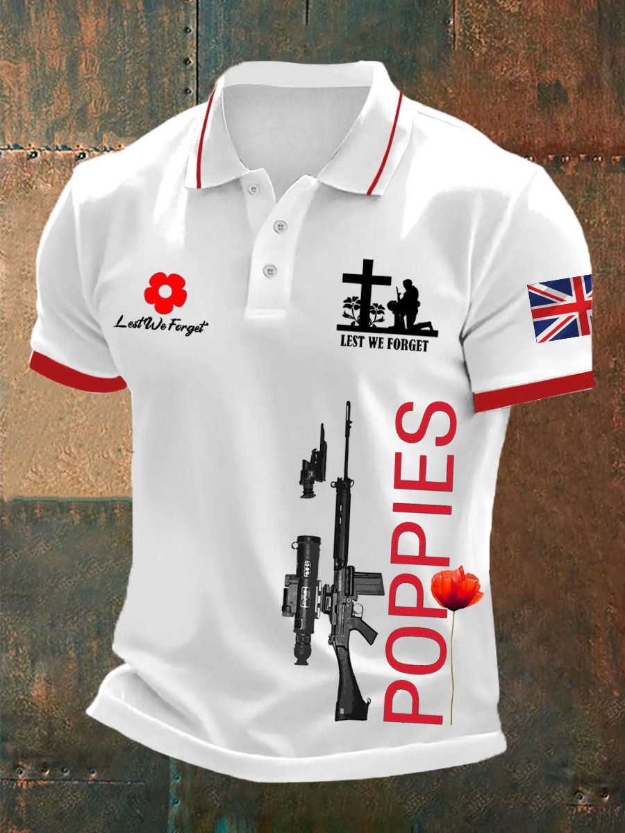 British Remembrance Day Polo Shirt Poppies Lest We Forget Clothing Gift For Him
