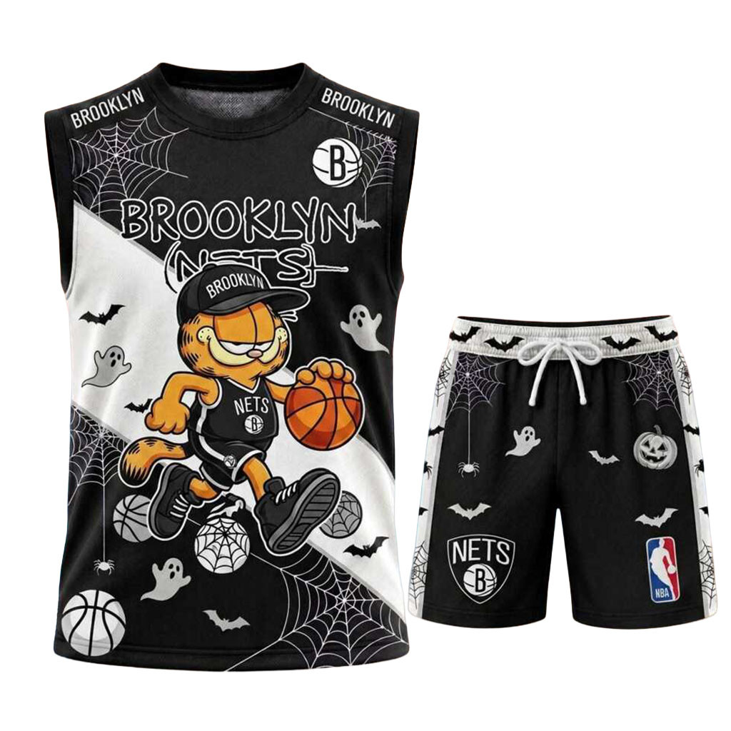 Brooklyn Nets Garfield Halloween Spiderweb Basketball Muscle Tank And Shorts Nets Merch Brooklyn Nets Garfield Halloween Spiderweb Basketball Muscle Tank And Shorts Nets Merch