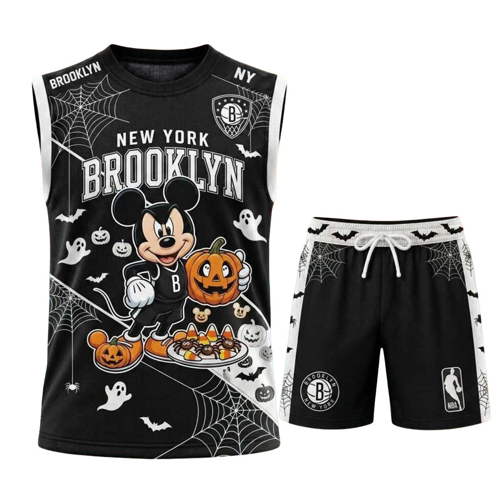 Brooklyn Nets Mickey Halloween Spiderweb Basketball Muscle Tank And Shorts Brooklyn Nets Merch