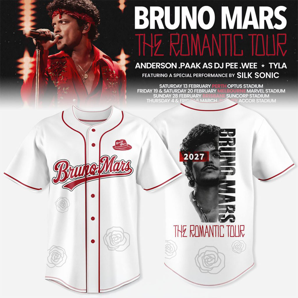 Bruno Mars The Romantic Tour AUS And NZ Special Baseball Jersey 2027 Bruno Mars Merch Fan Gifts