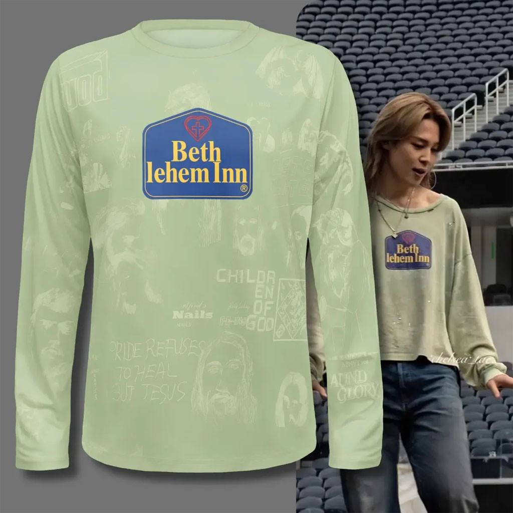 BTS Jimin Wearing Bethlehem Inn Long Sleeves T-Shirt From Paly Hollywood BTS Merch Arirang BTS Jimin Wearing Bethlehem Inn Long Sleeves T-Shirt From Paly Hollywood BTS Merch Arirang