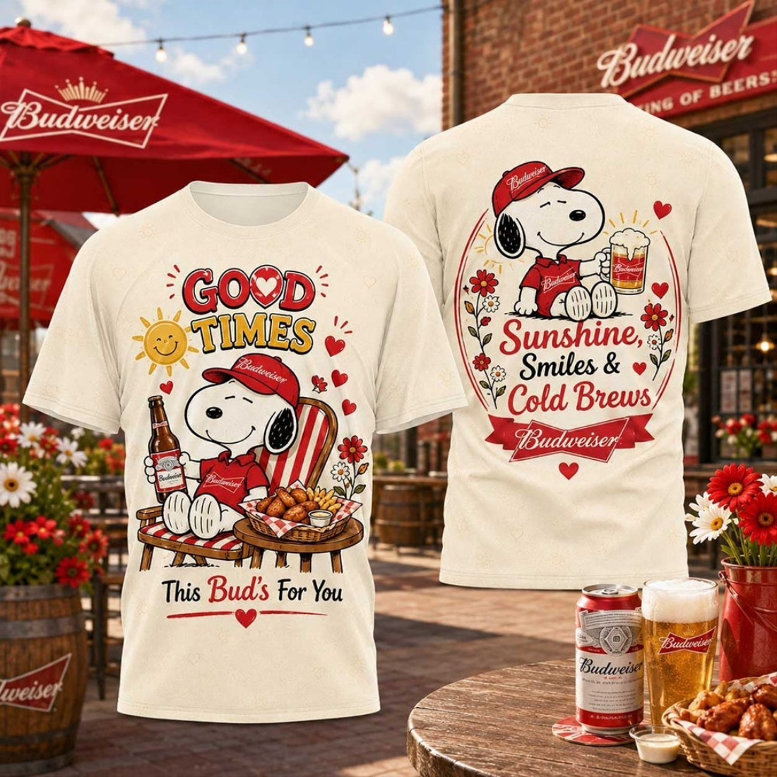 Budweiser Snoopy Sunshine Smiles Cold Brews T-Shirt Backyard BBQs And Summer Nights Outfits