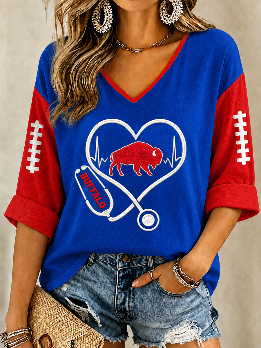 Buffalo Bills Merch Buffalo Football Stethoscope Heart Shape Long Sleeve V-Neck Shirt Fan Gear
