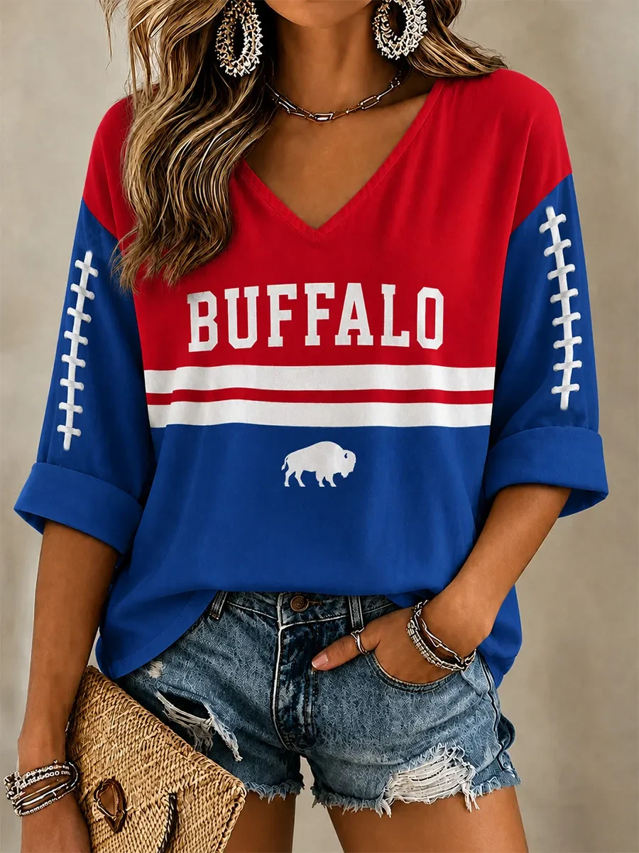 Buffalo Bills Merch Buffalo Football V-Neck Long Sleeve Shirt Game Day Gift For Her