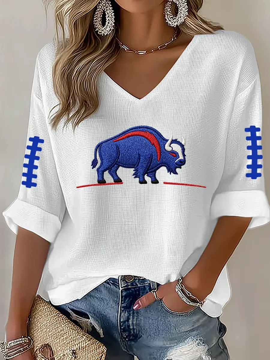 Buffalo Bills Merch Buffalo Football V-Neck Long Sleeve Shirt Game Day Womens Clothing Gifts
