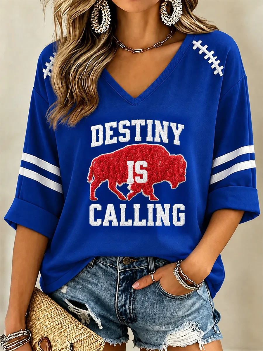 Buffalo Bills Merch Destiny Is Calling V-Neck Long Sleeve Shirt Game Day Gift For Football Fans Buffalo Bills Merch Destiny Is Calling V-Neck Long Sleeve Shirt Game Day Gift For Football Fans