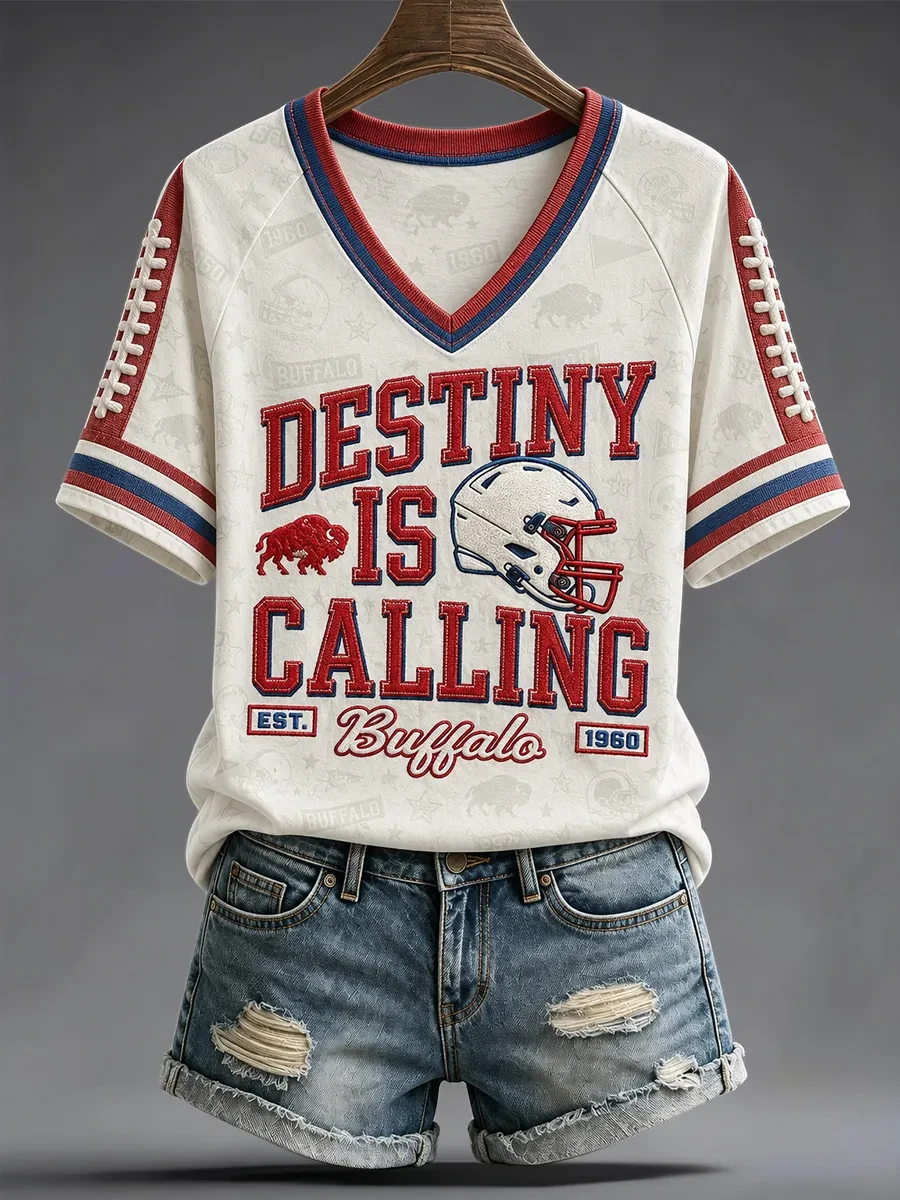 Buffalo Bills Merch Destiny Is Calling V-Neck Shirt Game Day Outfits Women Gift For Fans