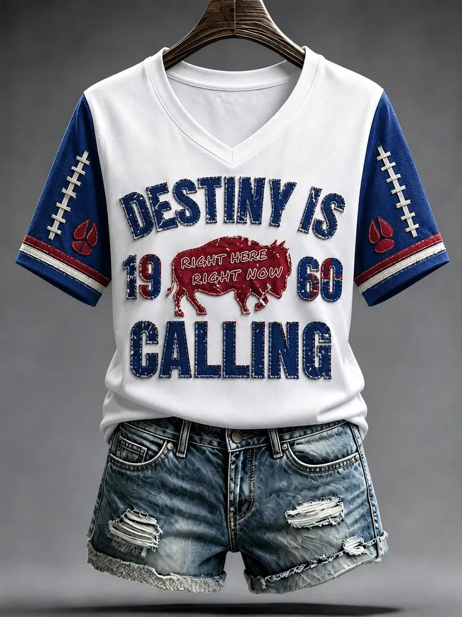 Buffalo Bills Merch Destiny Is Calling V-Neck Shirt Right Here Right Now Tee Gift For Game Day