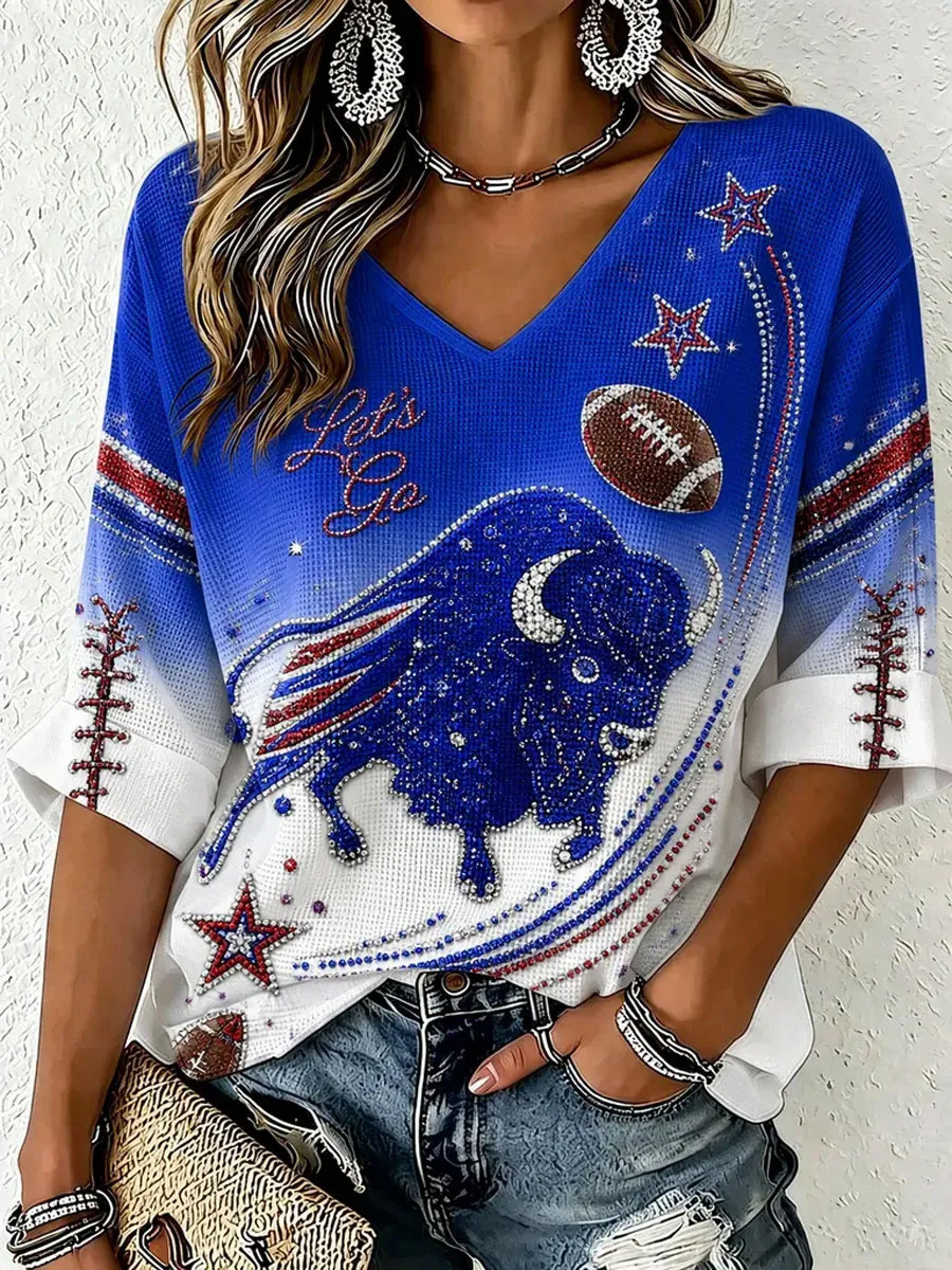 Buffalo Bills Merch Let's Go Buffalo Football Long Sleeve V-Neck Shirt Game Day Attire Women's