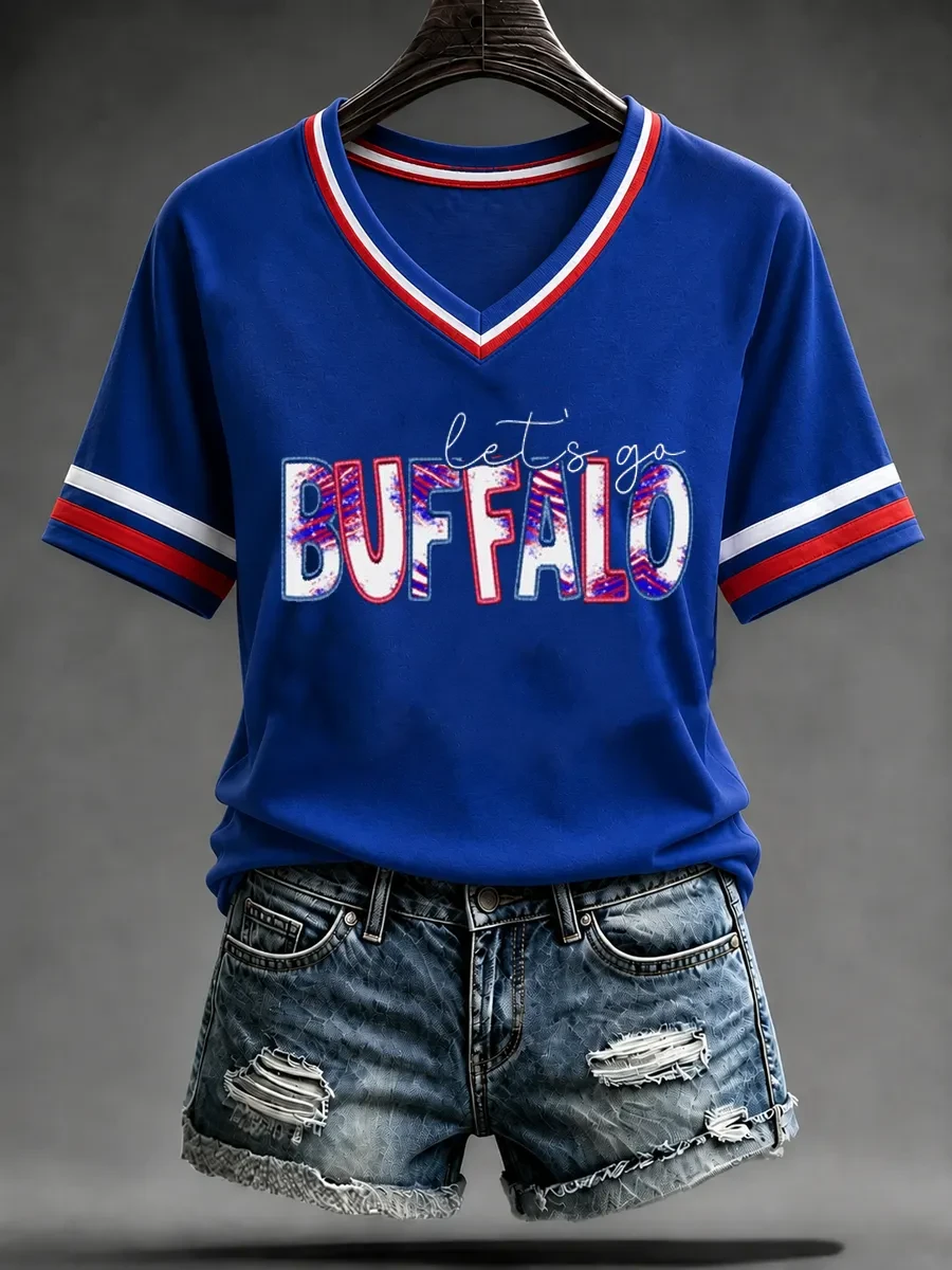 Buffalo Bills Merch Let's Go Buffalo V-Neck Shirt Game Day Sports Wear Football Fan Apparel