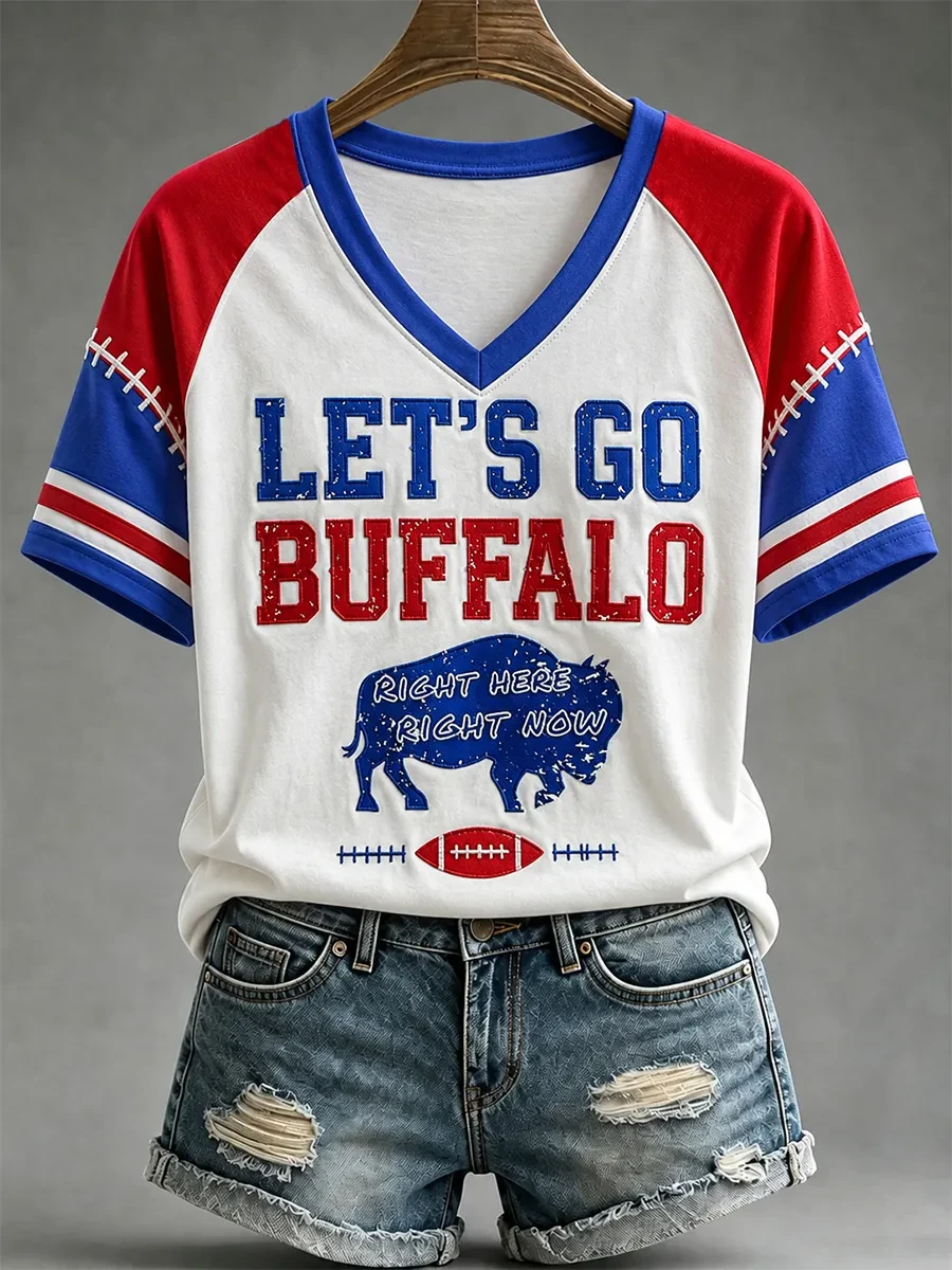 Buffalo Bills Merch Let's Go Buffalo V-Neck Shirt Right Here Right Now Bills Game Day Gifts