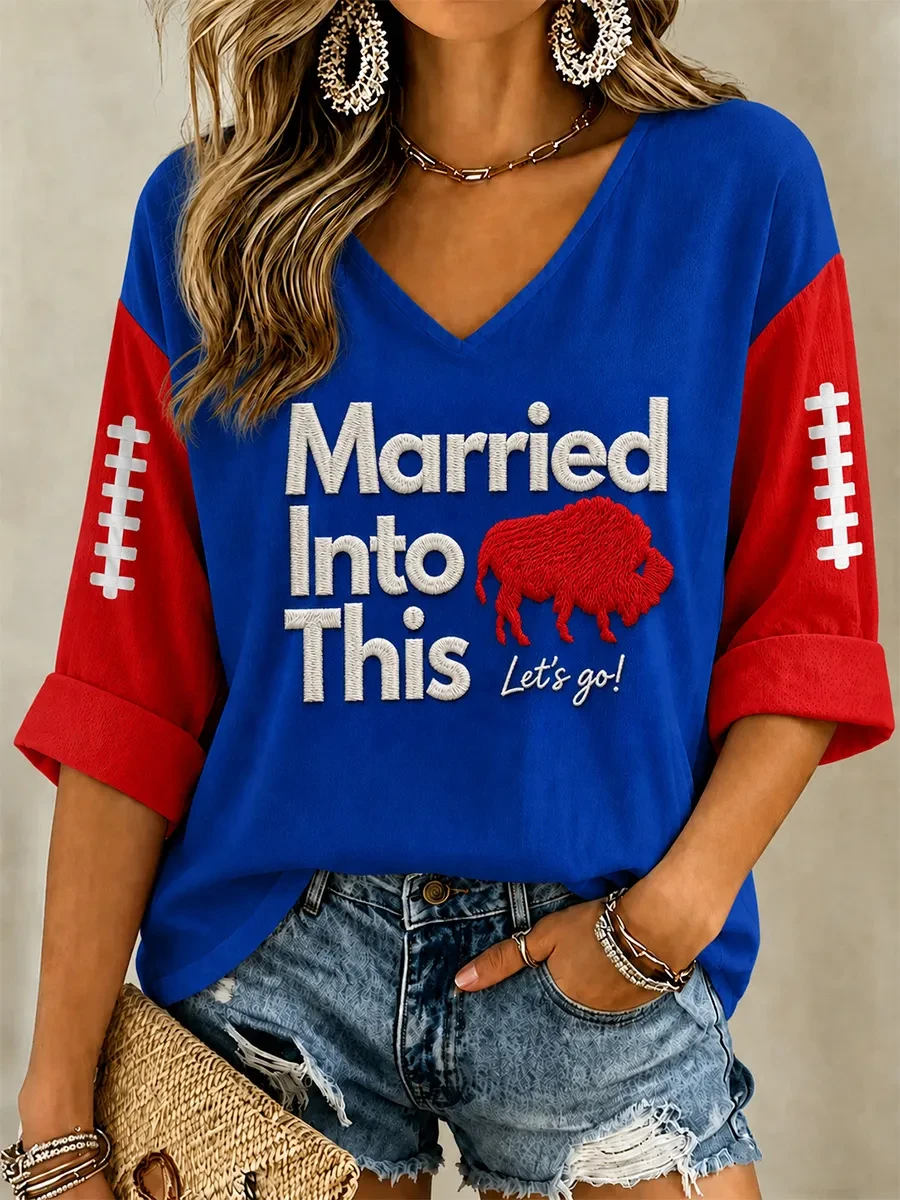 Buffalo Bills Merch Married Into This Let's Go Long Sleeve V-Neck Shirt Game Day Gift Ideas