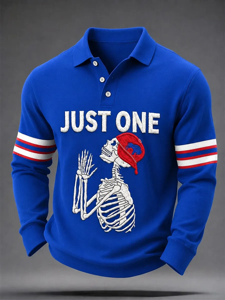 Buffalo Bills Merch Skeleton Just One Long Sleeve Polo Shirt Football Tailgate Outfits Men's