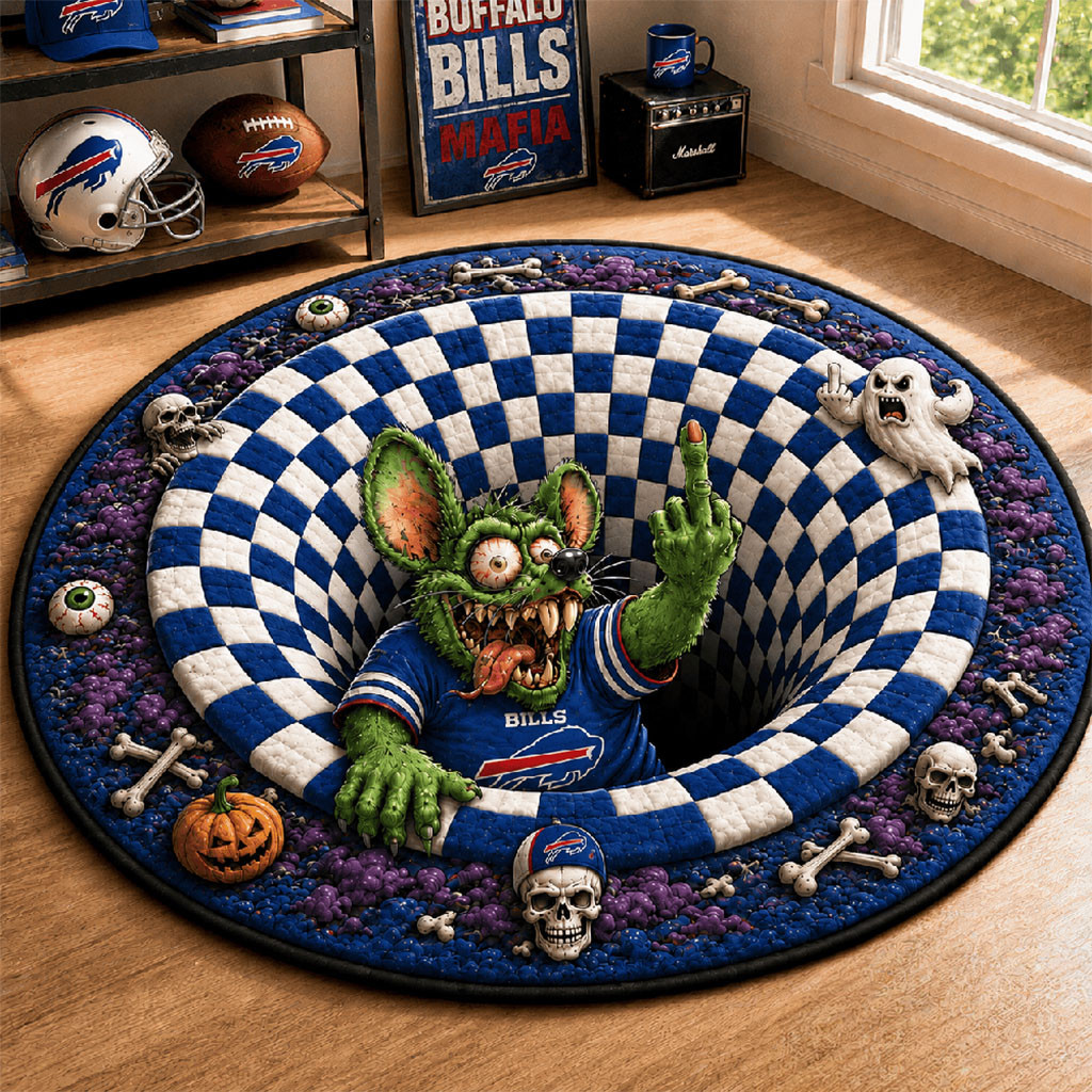 Buffalo Bills X Rat Fink 2026 Halloween Quilted Round Mat Buffalo Bills Merch Gift For Fans