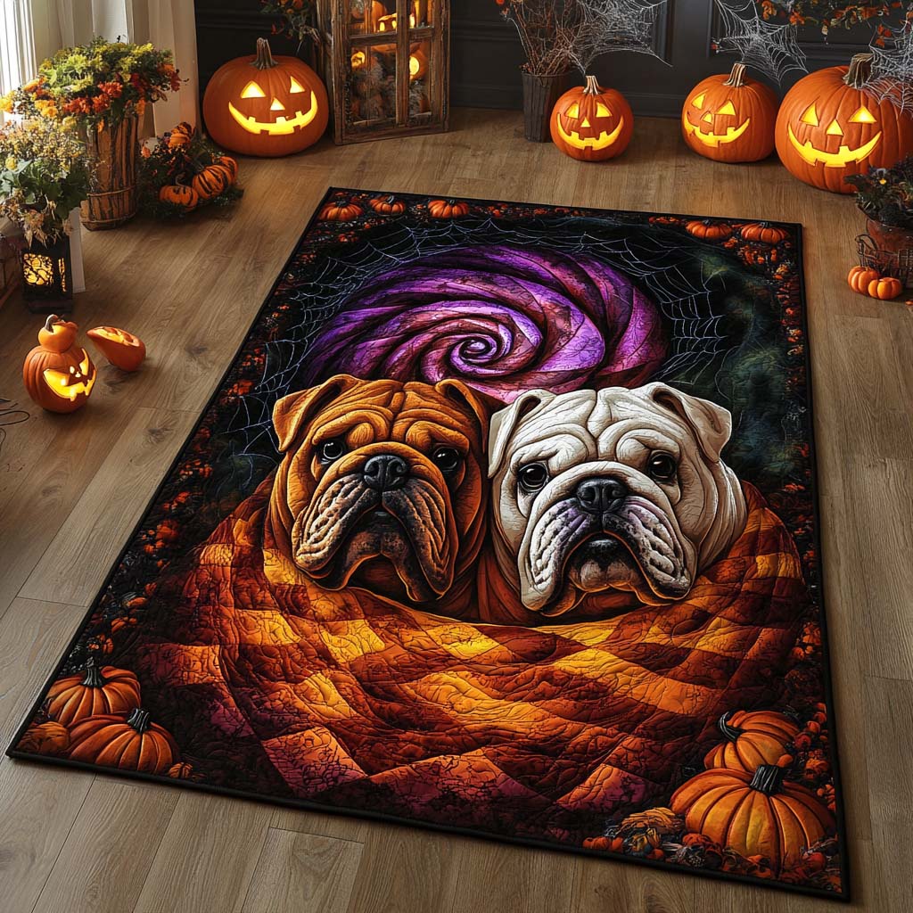 Bulldog Duo Pumpkin Area Rug Gothic Style Living Room Family Halloween Gifts