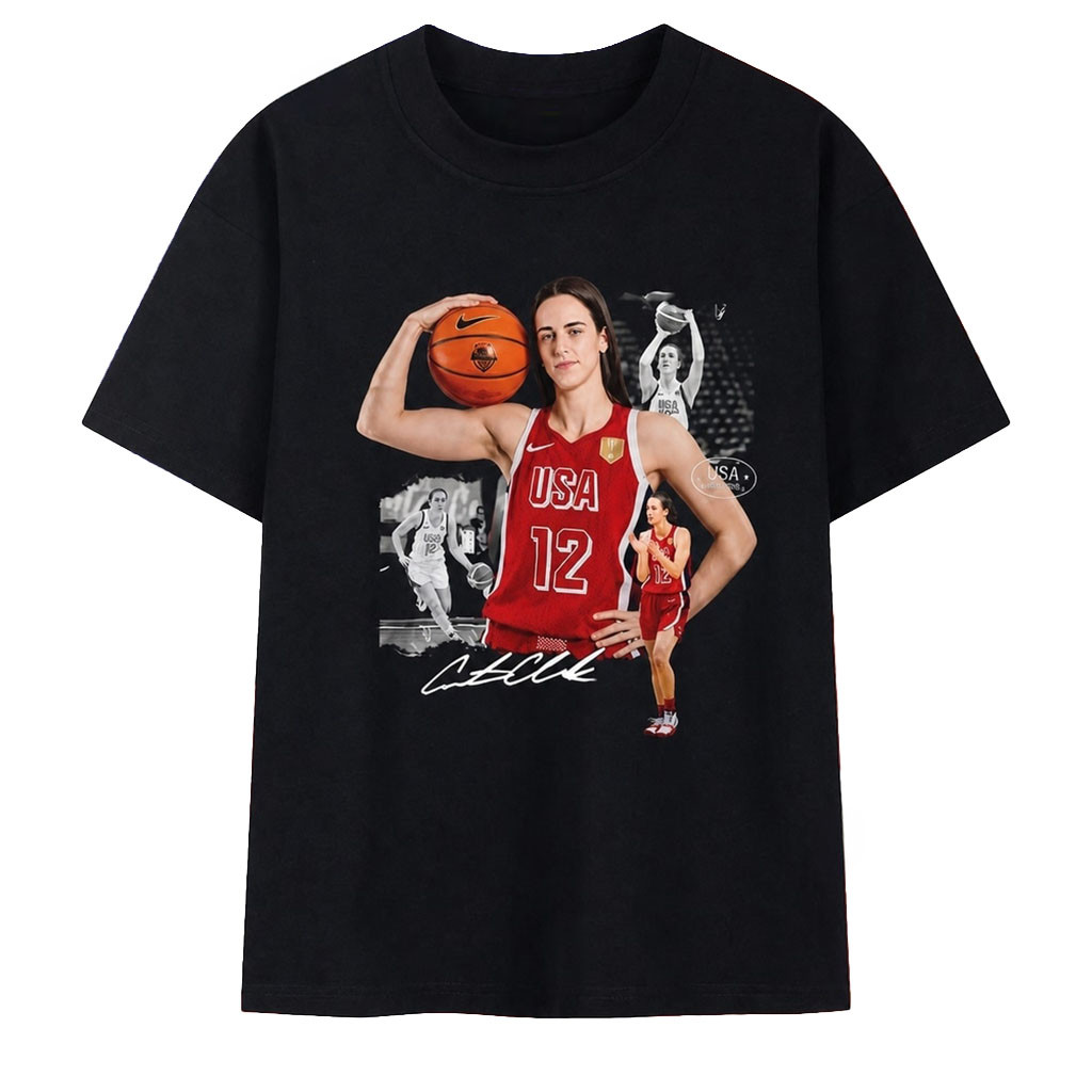 Caitlin Clark USA Basketball #12 Signature Photo Collage Graphic T-Shirt Indiana Fever Merch