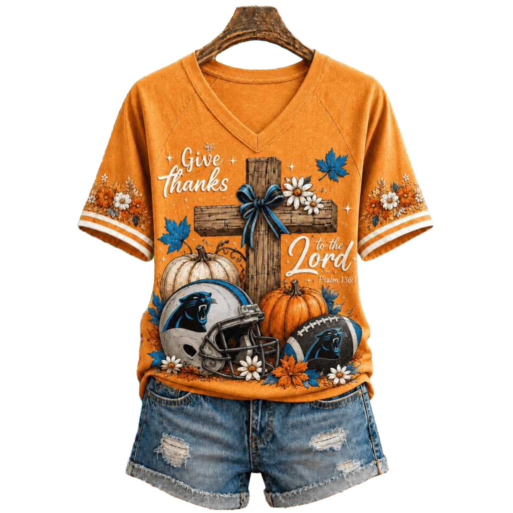 Carolina Panthers Give Thanks To The Lord Pumpkin Cross V-Neck Shirt Carolina Football Merch