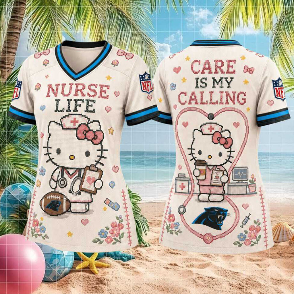 Carolina Panthers Hello Kitty Nurse Life Care Is My Calling V-Neck Shirt Carolina Panthers Merch Carolina Panthers Hello Kitty Nurse Life Care Is My Calling V-Neck Shirt Carolina Panthers Merch