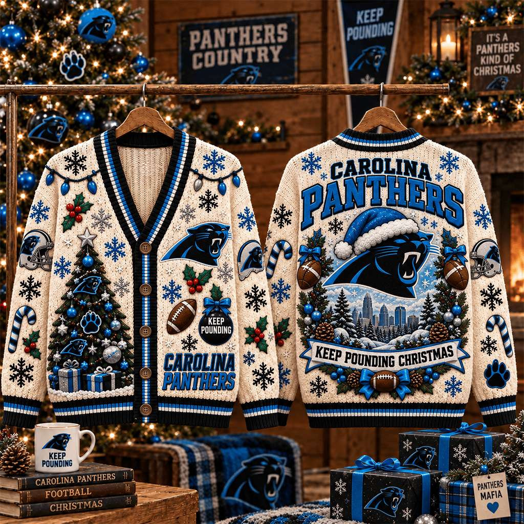 Carolina Panthers Keep Pounding Christmas Cardigan Carolina Panthers Merch Football Fan Gifts
