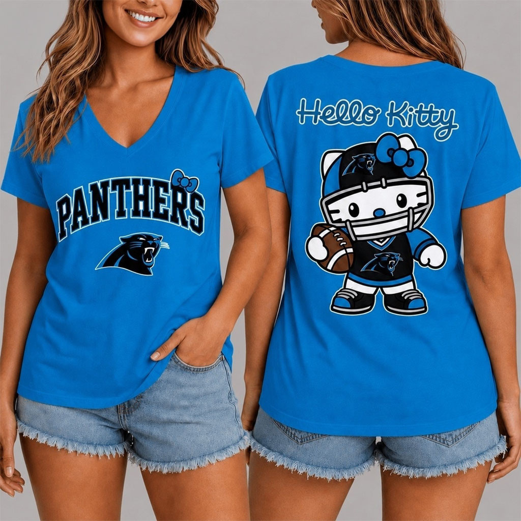 Carolina Panthers X Hello Kitty V-Neck Shirt Cute Game Day Shirt Carolina Panthers Merch Gifts