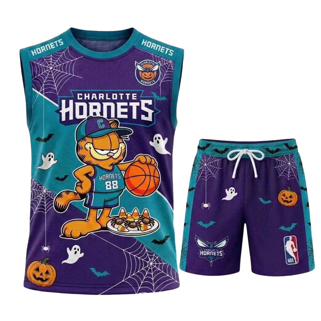 Charlotte Hornets Garfield Halloween Spiderweb Basketball Muscle Tank And Shorts Hornets Merch