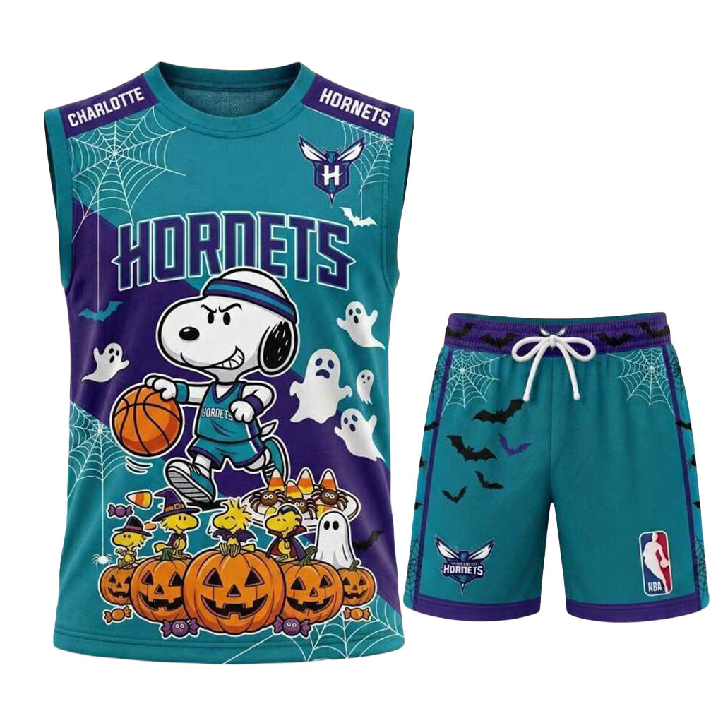 Charlotte Hornets Merch Snoopy Halloween Spiderweb Basketball Muscle Tank And Shorts Fans Gift
