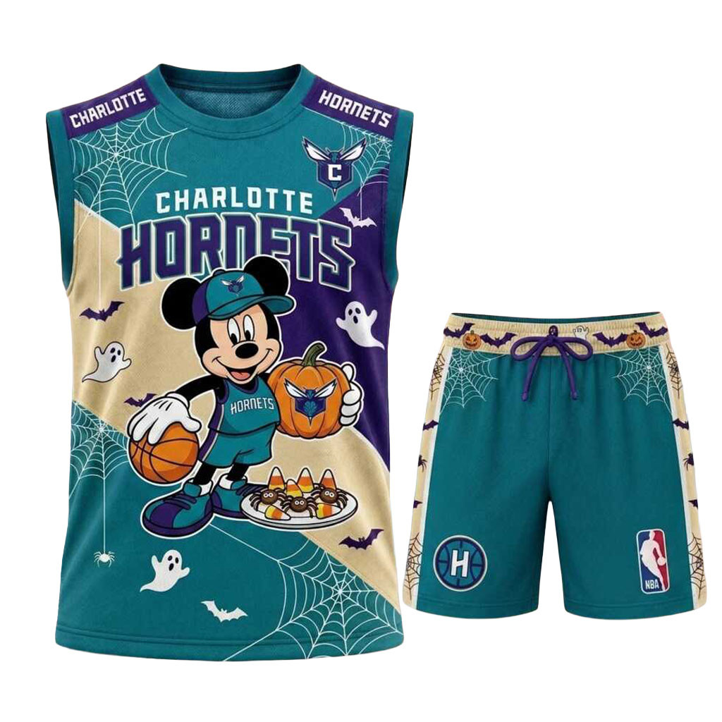 Charlotte Hornets Mickey Mouse Halloween Spiderweb Basketball Muscle Tank And Shorts Hornets Merch