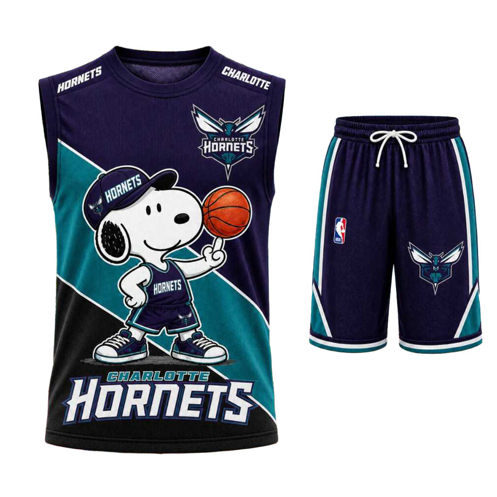 Charlotte Hornets Snoopy Mascot Tank Top And Shorts Set Charlotte Hornets Merch Present For Fan