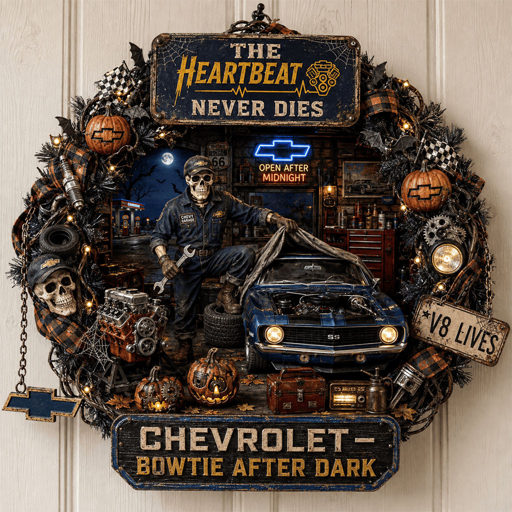 Chevrolet Bowtie After Dark Halloween Door Sign The Heartbeat Never Dies Wreath Home Decor