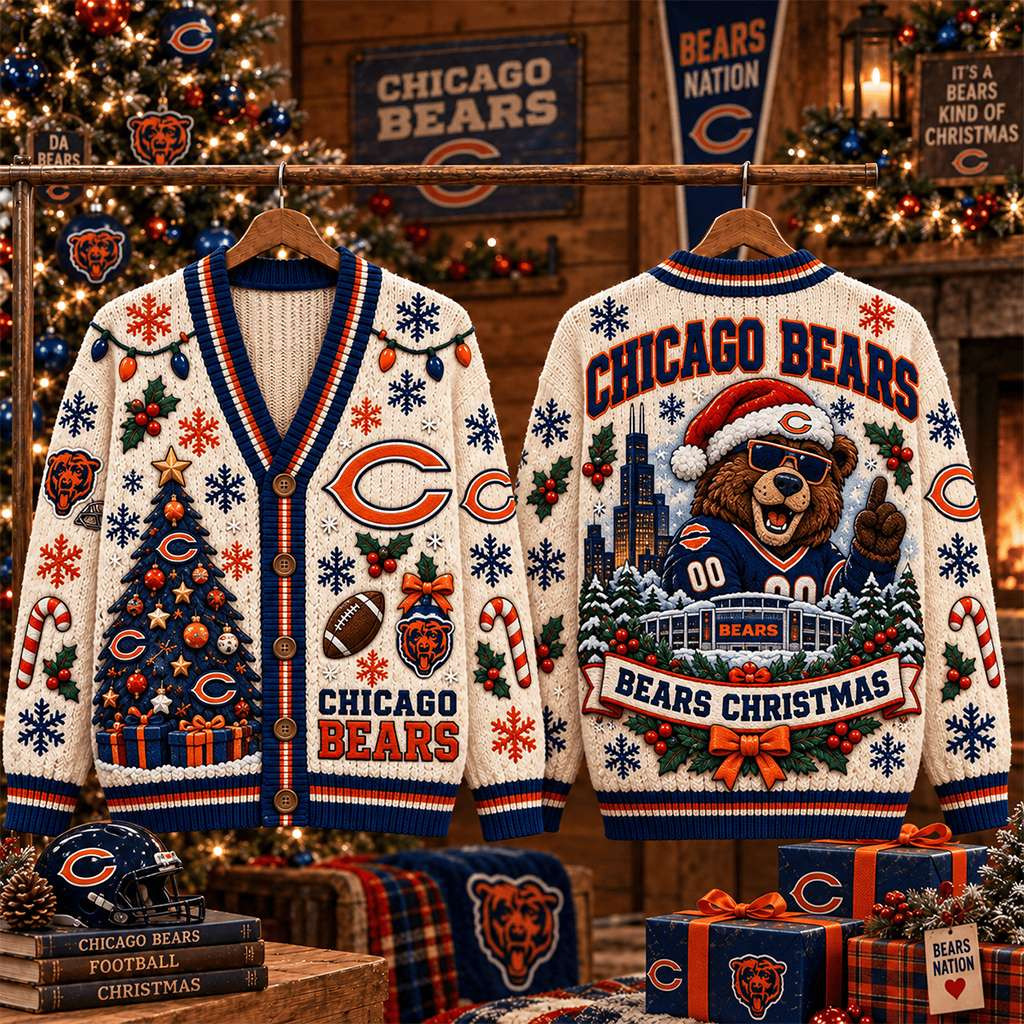 Chicago Bears Christmas Cardigan Cute Game Day Apparel Unique Chicago Bears Gift For Fans