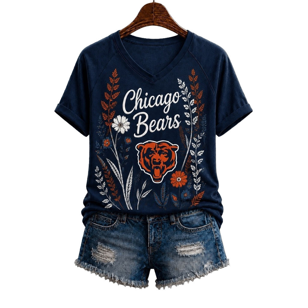 Chicago Bears Floral Garden V-Neck T-Shirt Bears Merch Best Gifts For Football Fans