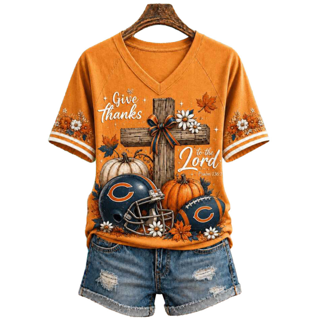 Chicago Bears Give Thanks To The Lord Pumpkin Cross V-Neck Shirt Gift For Chicago Bears Fan