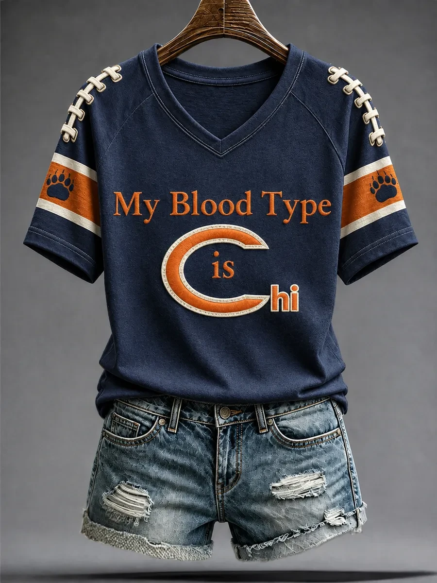 Chicago Bears Merch My Blood Type Is Chicago Football V-Neck Shirt Game Day Gifts For Fans
