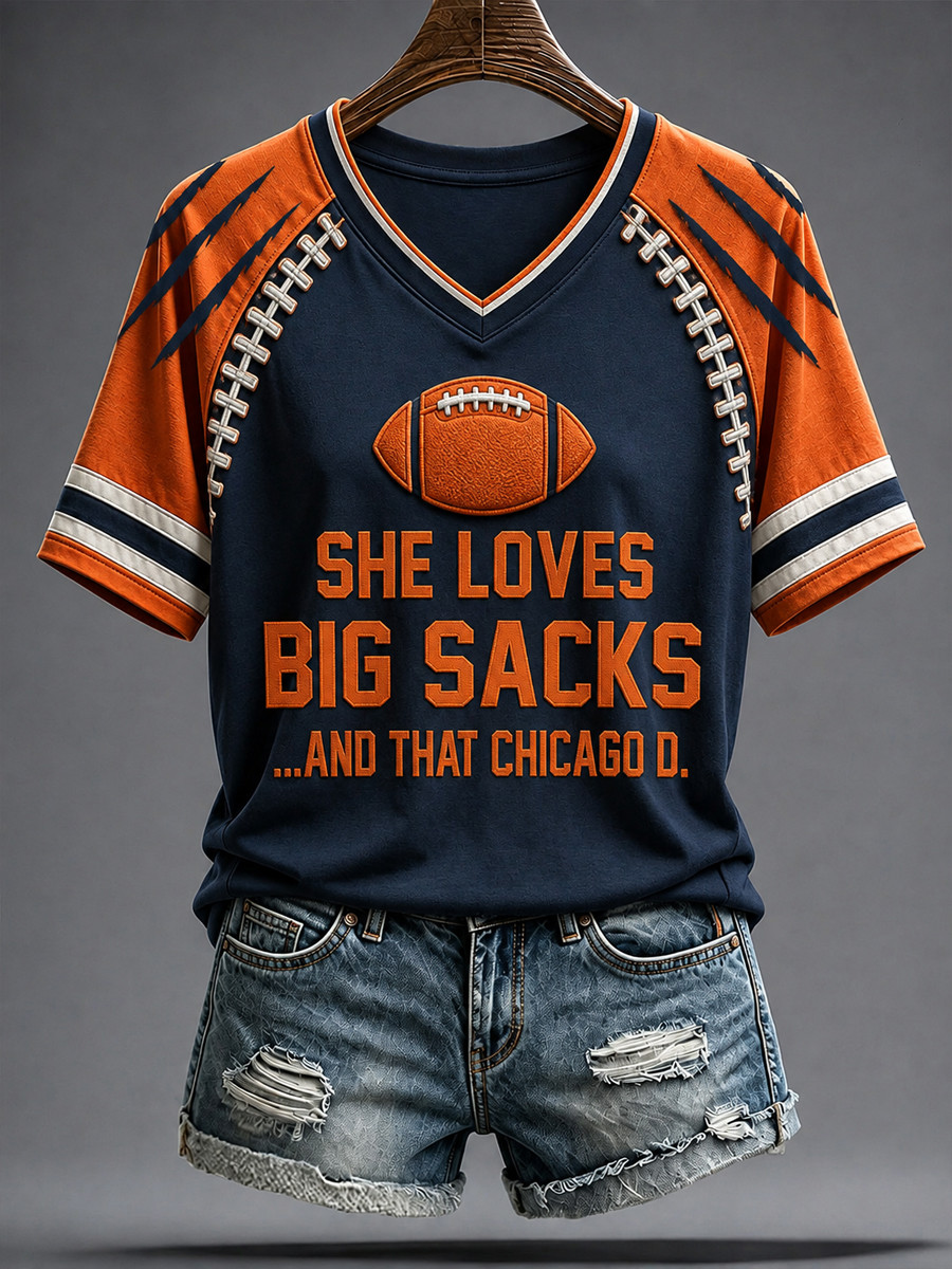 Chicago Bears Merch She Loves Big Sacks Chicago Football V-Neck Shirt Gift For Game Day Chicago Bears Merch She Loves Big Sacks Chicago Football V-Neck Shirt Gift For Game Day