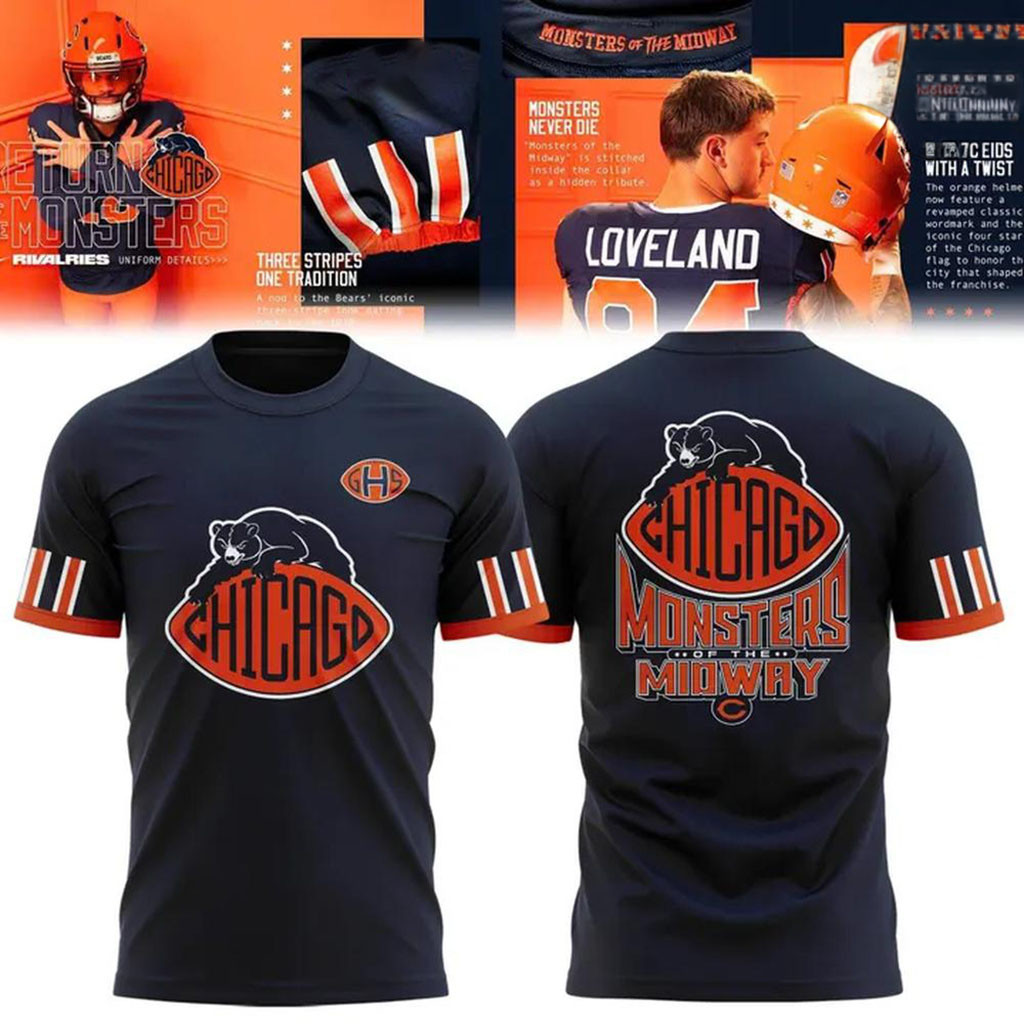 Chicago Bears Navy Monsters Of The Midway Graphic T-Shirt Chicago Bears Merch Football Fan Gift