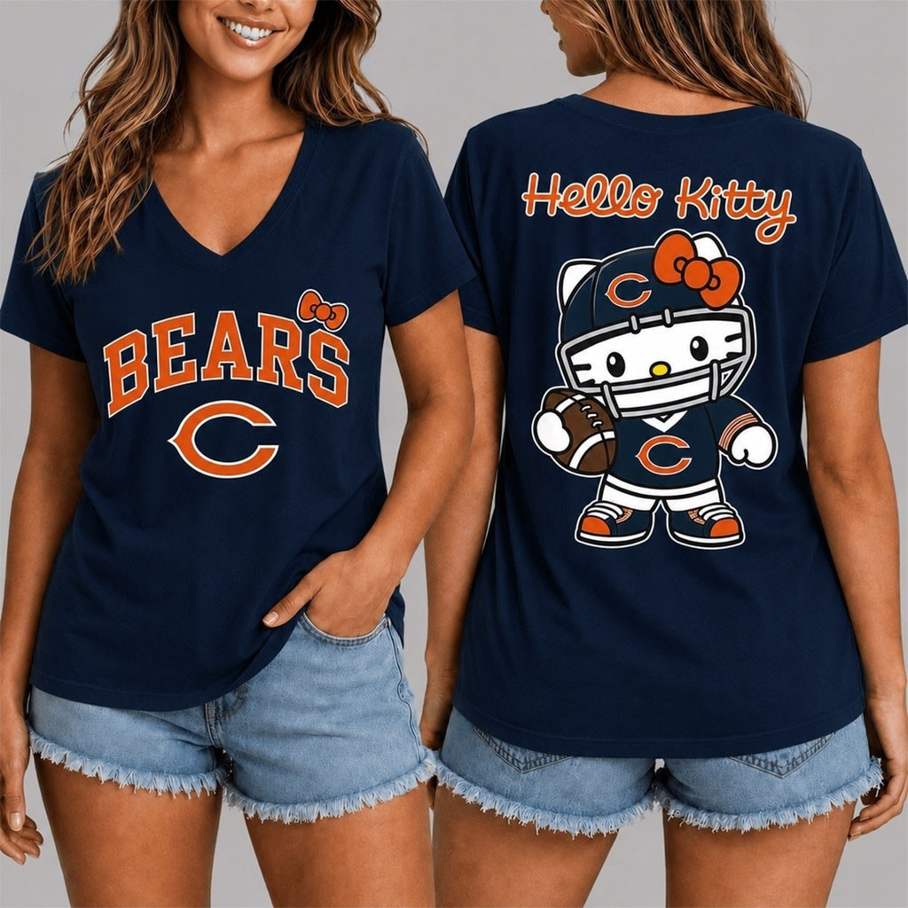 Chicago Bears X Hello Kitty V-Neck Shirt Football Game Day Merch Gift For Chicago Bears Fan