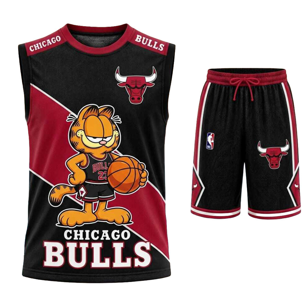 Chicago Bulls Garfield Basketball Muscle Tank And Shorts Bulls Merch Gifts For Basketball Fan