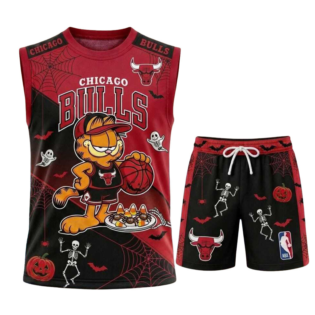 Chicago Bulls Garfield Halloween Basketball Muscle Tank And Shorts Bulls Merch Gifts For Fans