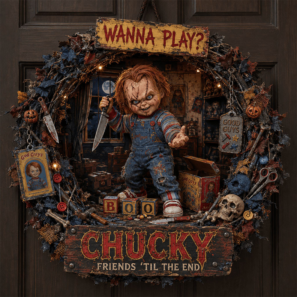Chucky Friends Til The End Door Sign Wanna Play Halloween Wreath Chucky Merch Horror Fan Gifts